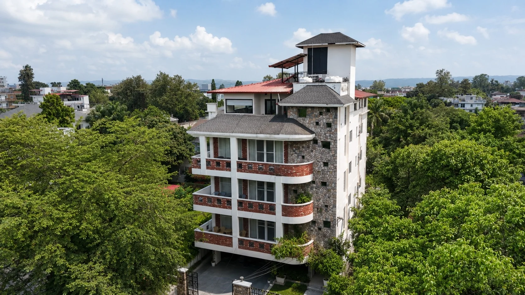 Front aerial perspective of The Palatial Homes, a premium luxury villa homestay in Dehradun